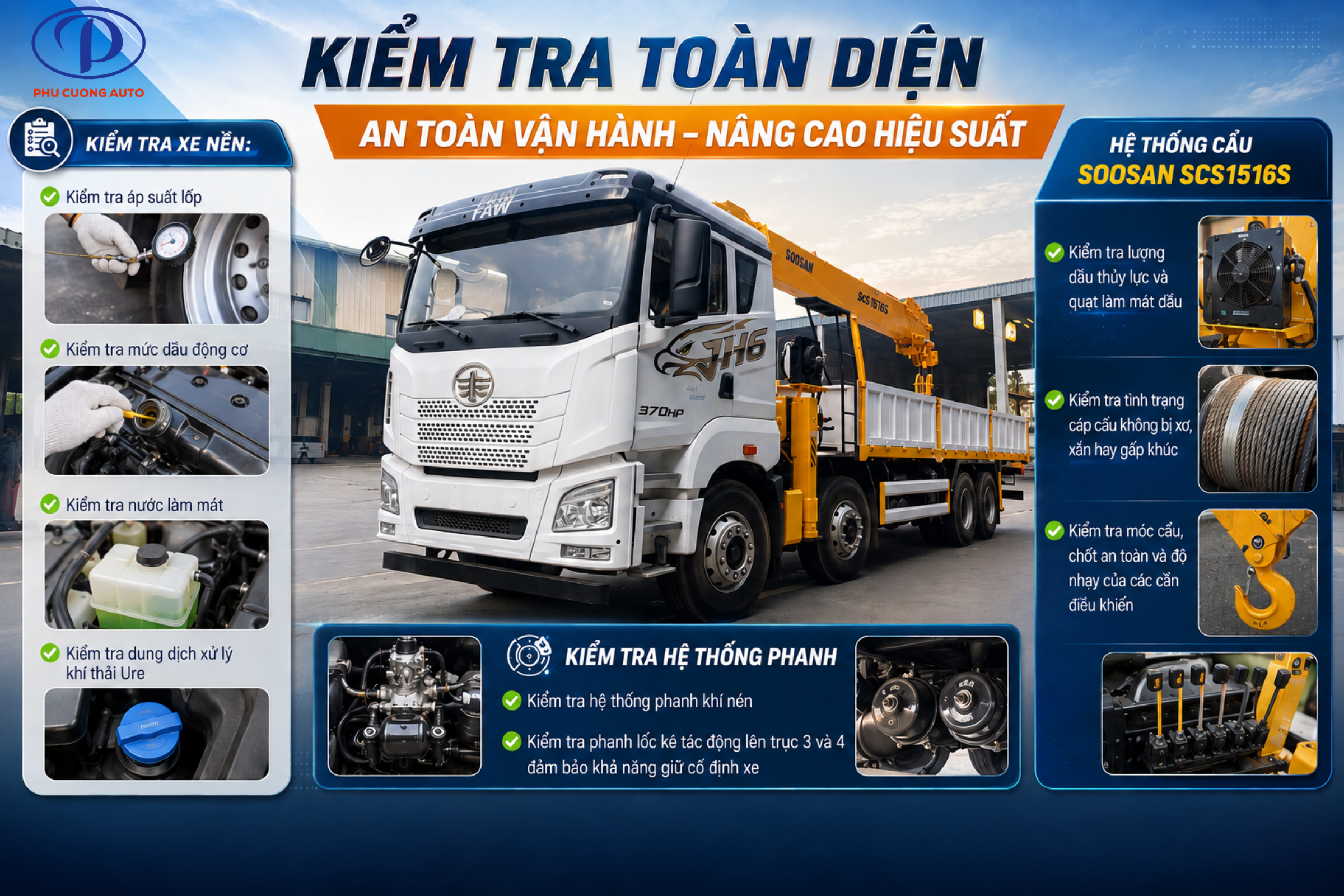 kiểm tra trước khi vận hành xe cẩu faw jh6 4 chân