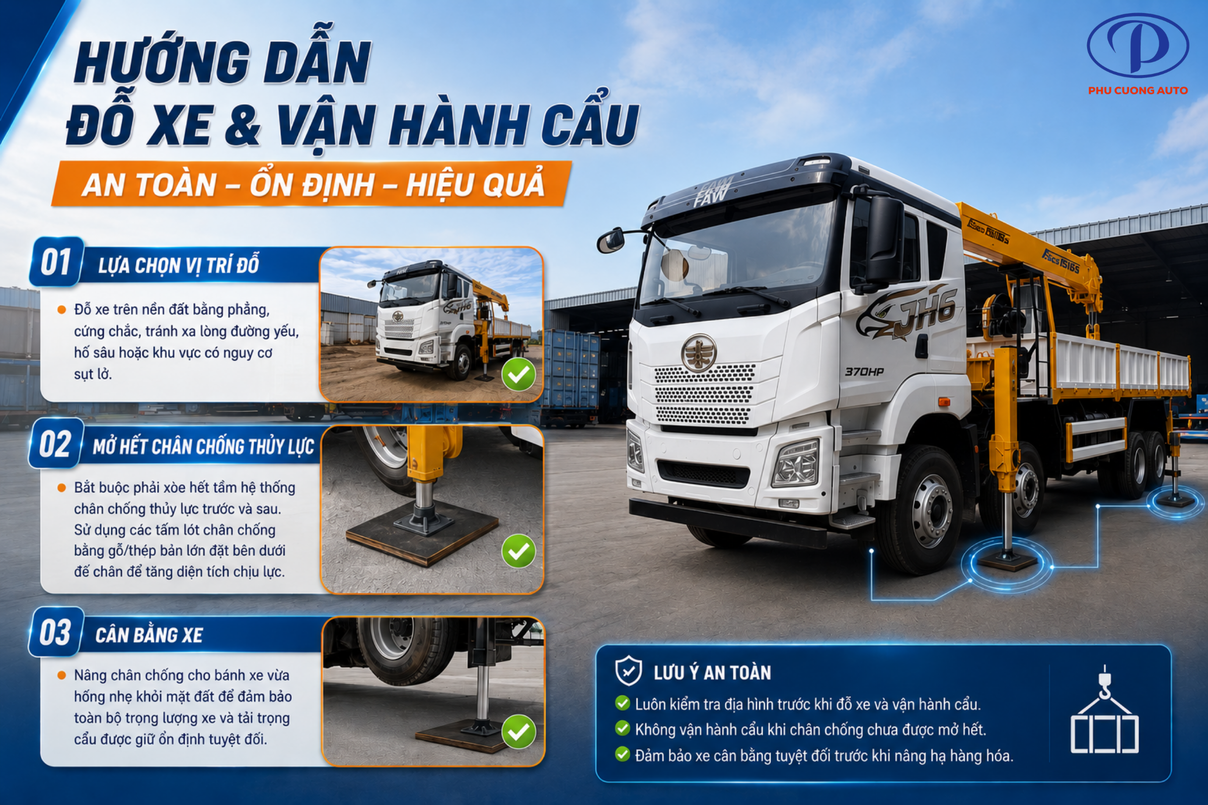 đỗ và vận hành xe cẩu tự hành faw jh6 4 chân