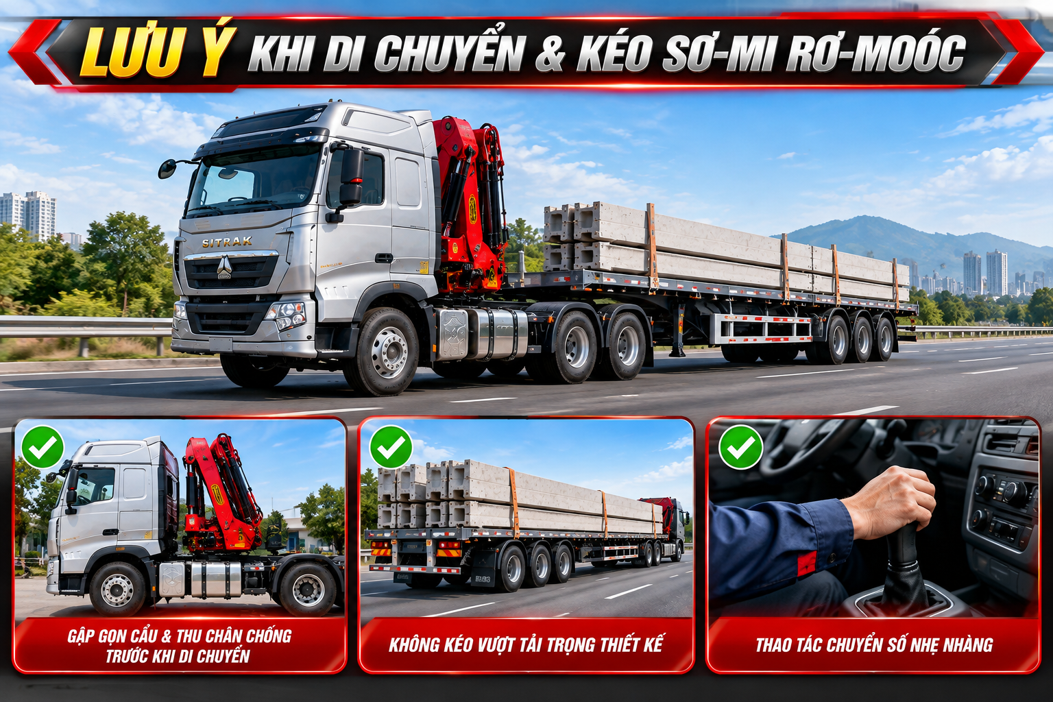 lưu ý khi di chuyển và kéo rơ móc xe đầu kéo howo gắn cẩu
